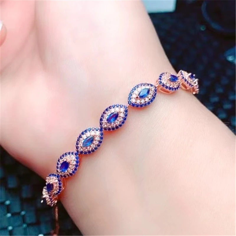 New Item Natural Sapphire Gemstone Bracelet 925 Sterling Silver Blue Stone Bangle for Women Fine Wedding Jewelry