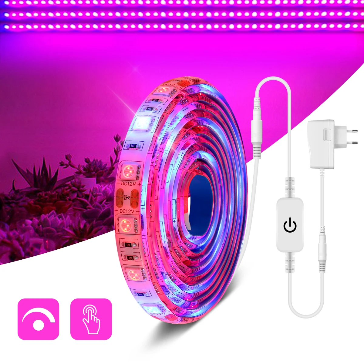 Full Spectrum LED Strip light 5M Touch Switch Dimming LED Phyto Lamp For Greenhouse Hydroponic Plant Grow Lights with Adpater