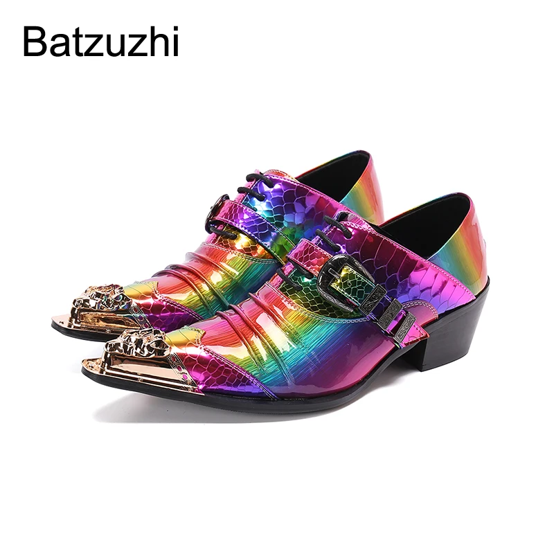 

Batzuzhi Mens ShoesRock Handmade Pointed Golden Metal Toe Leather Dress Shoes Men Lace-up Multi Fashion Party and Wedding Shoes