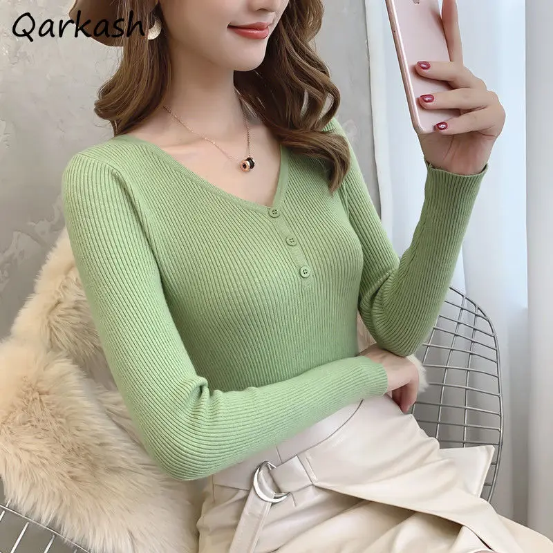 Pullovers Women V-neck Button Simple Basic Tender Feminine Spring Knitwear Popular 7 Colors Slim Comfortable Leisure Clothing