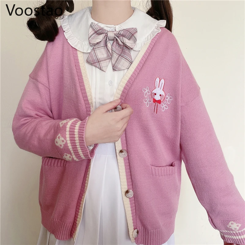 Spring Autumn Sweet Lolita Style Bunny Knitted Cardigan Girly Cute Rabbit Embroidery JK Sweater Winter Women Kawaii Chic Coats