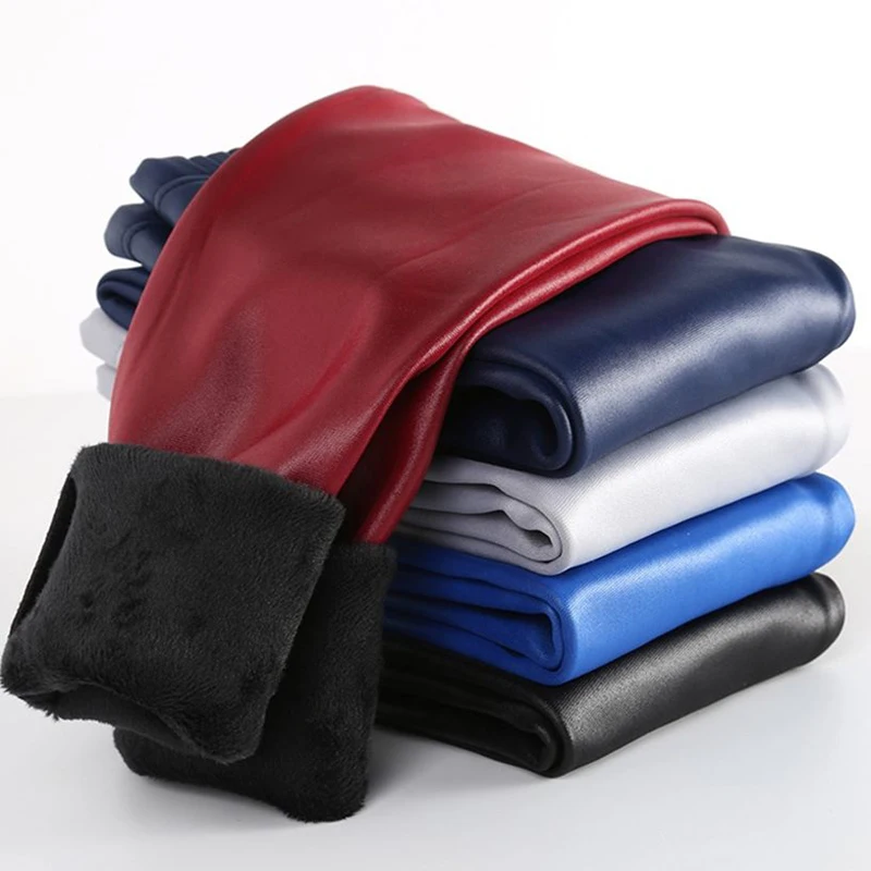 Pantalones de cuero de terciopelo grueso para niñas, Leggings de cuero PU para niños, pantalones de lápiz para niños, pantalones cálidos para niños,