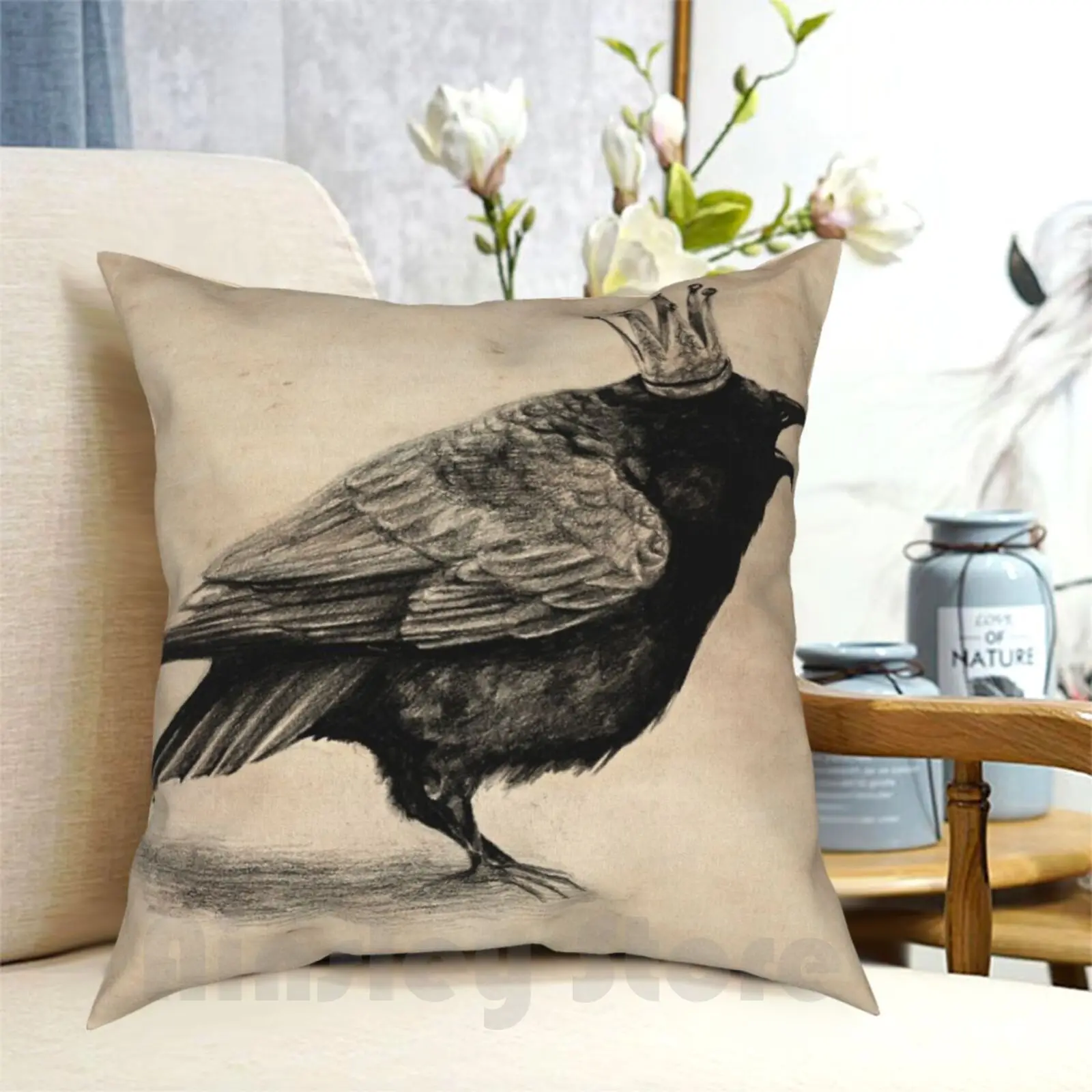 Crow In Crown Pillow Case Printed Home Soft Throw Pillow Crow Raven Crown Black White Pencil Cute Gentleman Lady Bird