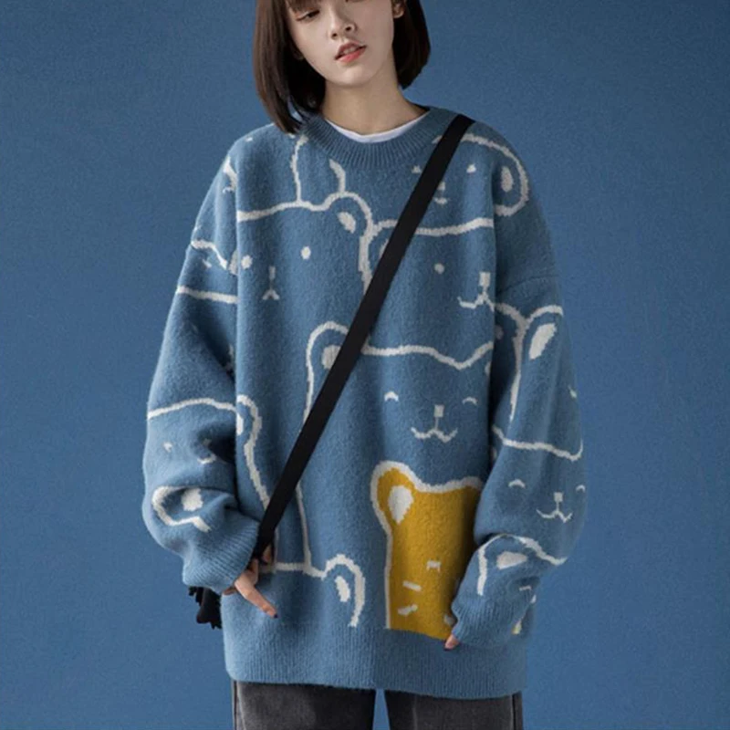 Autumn Winter Bear Print O-neck Long Sleeve Pullover Knitted Korean Couples Loose Knitted Sweater Casual Warm Oversized Sweater