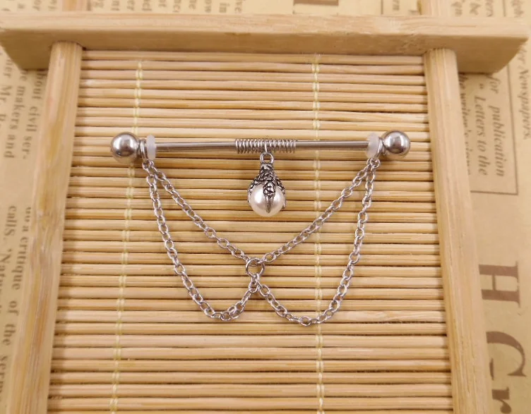 2022 Newest 8 Styles 14G Stainless Steel 14 Gauge Rainbow Moon Bead Triple Chain Dangle Industrial Barbell 38mm