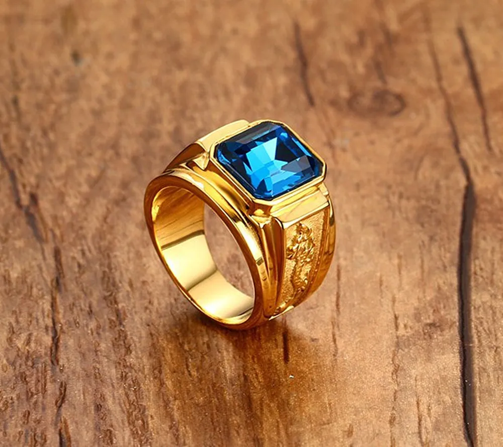 Sapphire ruby gemstones blue red zircon diamonds rings for men 18k gold tone stainless steel dragon jewelry bijoux fashion gift