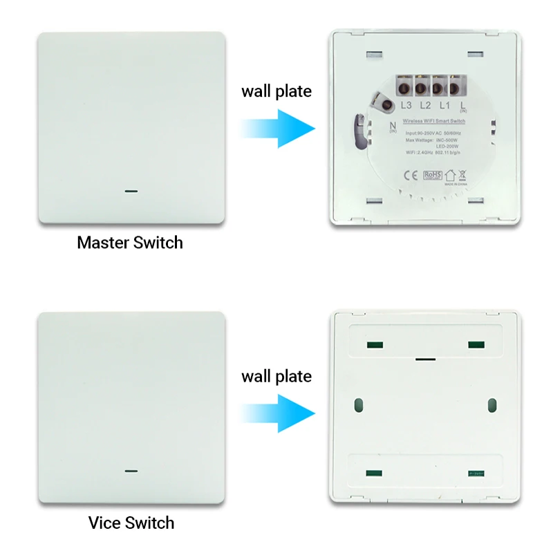WiFi RF433 Smart Wall Light Switch,No Neutral Wireless Transmitter ,Tuya APP Control Alexa Google Home Compatible 1/2/3 Gang