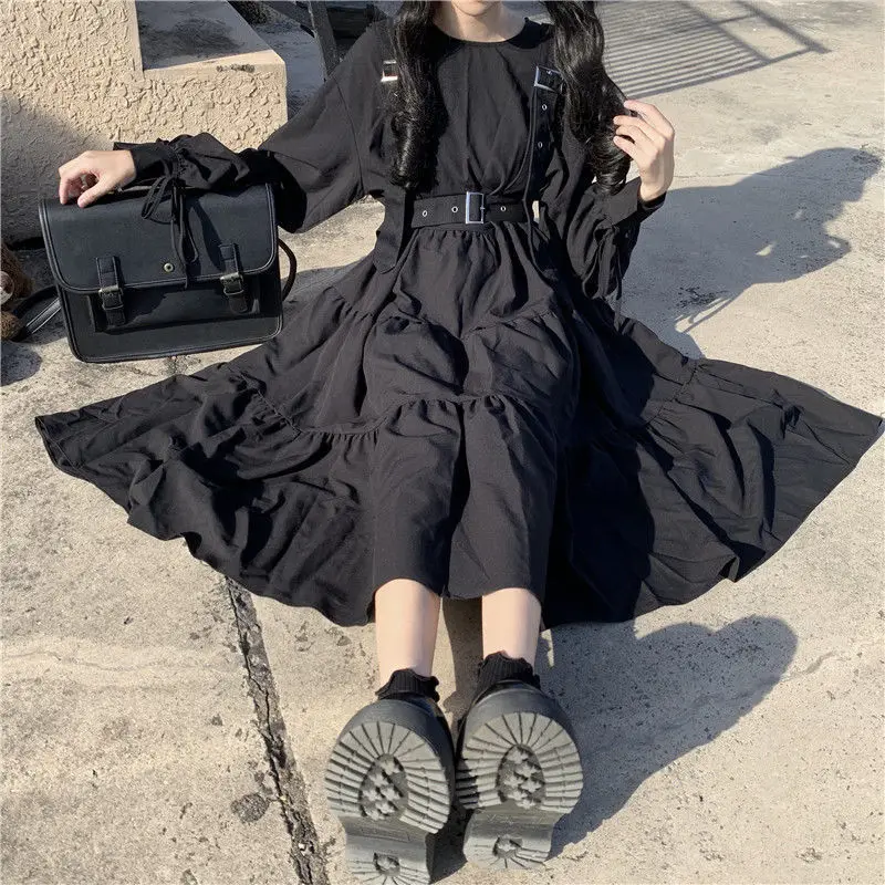 Robe Midi noire Style gothique pour femmes, Harajuku, Lolita Goth Kawaii, Punk, manches longues, surdimensionnée, Emo, 2021