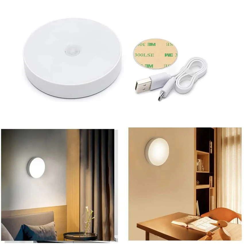 

Round Shape Wireless Motion Sensor Night Light 6 LEDs USB Rechargeable Cabinet Light Closet Stairs Bedroom Lighting Wall Lamp