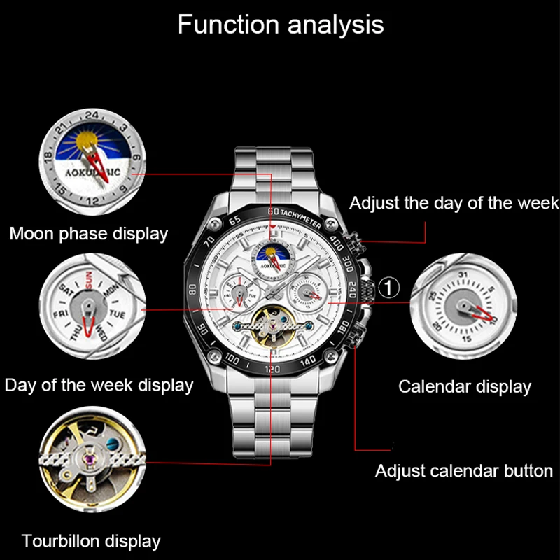 Relogio Masculino Man Watch Moon Phase Automatic Mechanical Watches Mens Self-Winding Top Brand Sport Skeleton Wristwatch Clock