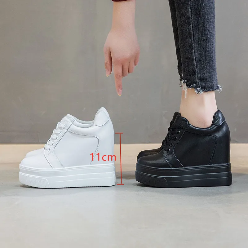 Women\'s Chunky Sneakers Split Leather Casual Women Shoes White Black Sneakers 2021 Spring Autumn Hidden Heel Woman Chunky Shoes