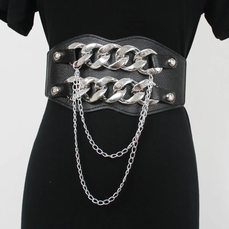 Women\'s Runway Fashion PU Leather Elastic Chain Cummerbunds Female Dress Corsets Waistband Belts Decoration Wide Belt R567