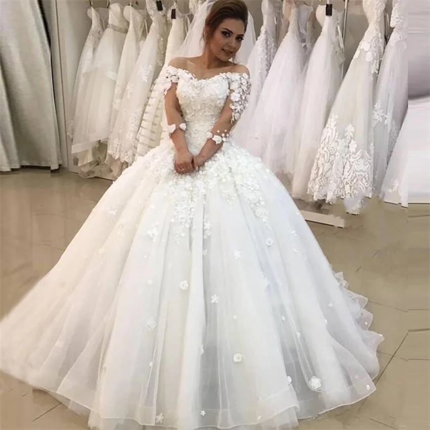 Vestidos De Novia con escote Corazón, Vestidos De baile De manga tres cuartos, Vestidos De Novia formales con flores, 2023