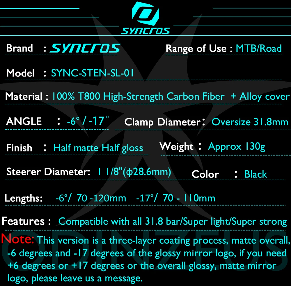 Syncros Fraser SL Vollcarbon-Vorbau, Rennrad-/MTB-Vorbau, 6 ° /17 ° 60mm-110mm, 28,6mm, 31,8mm, Fahrradzubehör – Detail 2