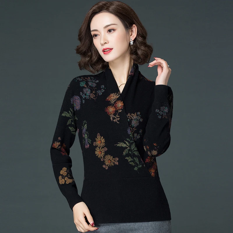 

Ladies Vintage Printing Wool Sweater New 2020 Autumn Winter Women Floral Printed Jumper Slim Fit Sweater Tops Pullovers