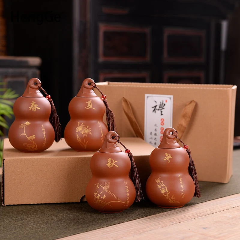 

Chinese Style Purple Sand Tea Tins Creative Portable Mini Gourd Shape Tea Container Coffee Table Desktop Storage Ornaments Retro