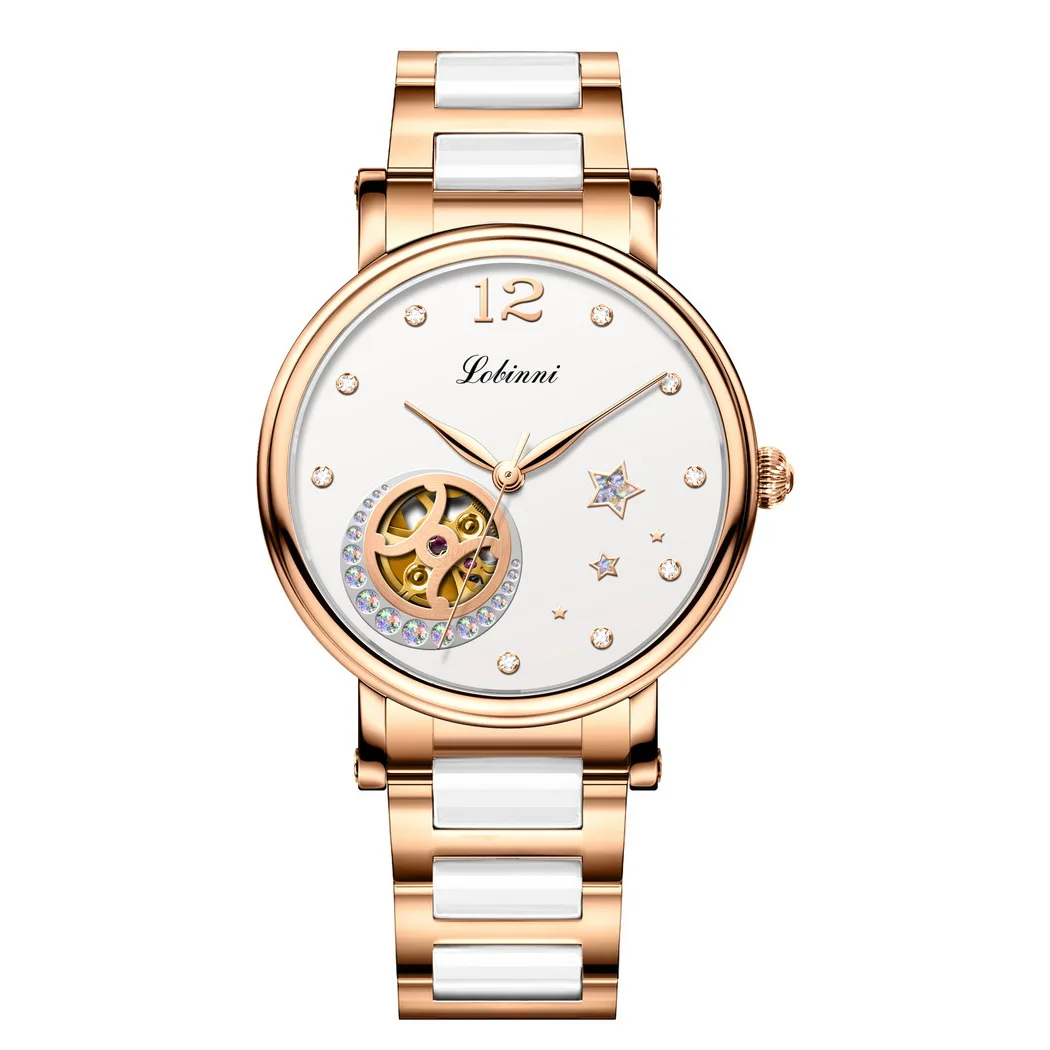 LOBINNI Ladies Automatic Watches Female Meachanical Wristwatch Luxury 50M Waterproof Skeleton Austria Crystal Sapphire Mirror