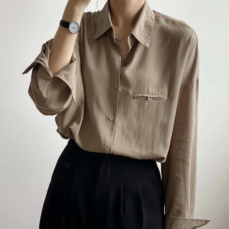 

Chic Women Long Shirt Office Ladies Casual Turn-down Collar Tops And Shirts Female Korean Loose Long Sleeves Blouses Pocket