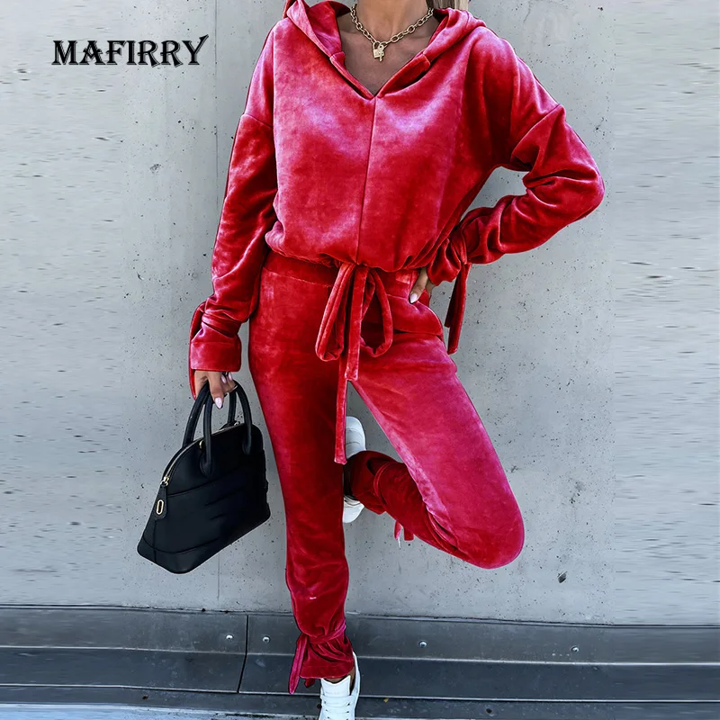 

Lace Up Style Women Spring Autumn Pants Suit Hoodies Loose Pants Two Piece Set With Pockets Female Solid Casual Trousers Outfits