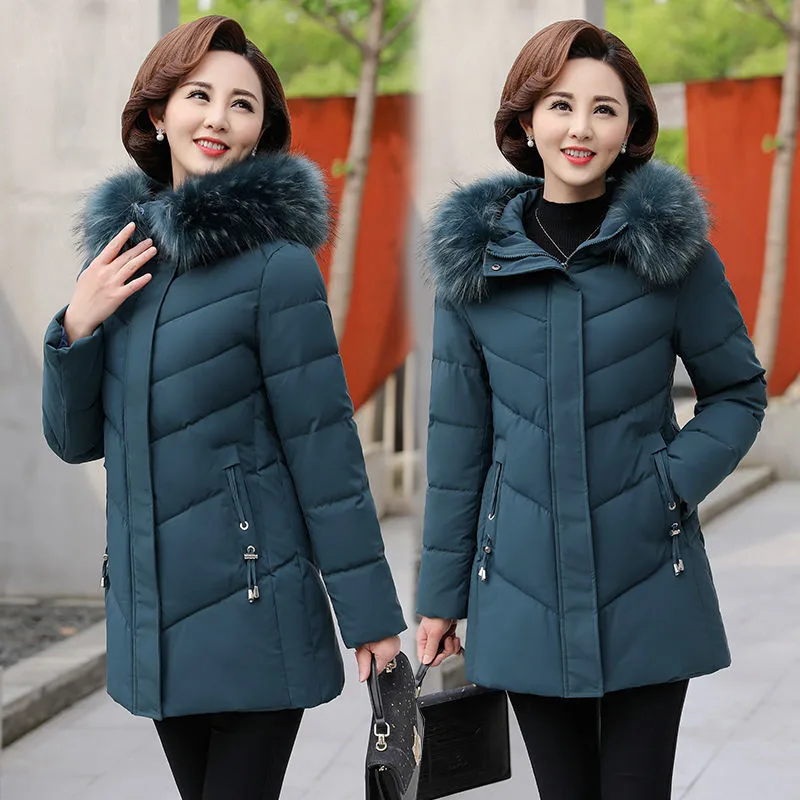 Middle Aged Female Down Cotton Jacket New Fashion Hooded Thick Warm Mid-length Outerwear Women Parkas Coat 5XL W2194