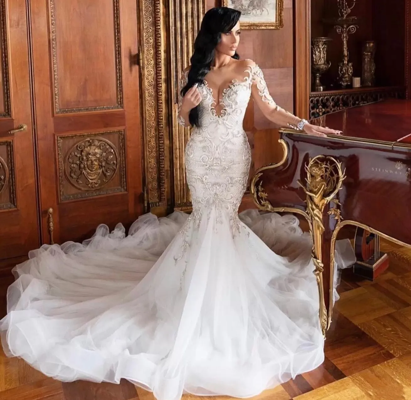 Vestidos De novia árabes sexys De lujo sirena rebordear cuello transparente mangas largas Vestidos De novia 2025 Vestidos De Noiva Mariee