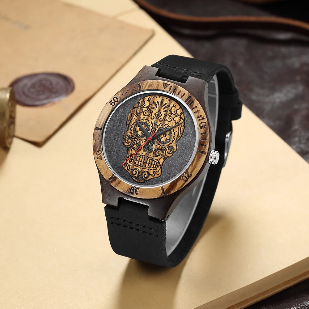 High Quality Skull Head Wooden Watch for Men Skeleton Engraved  Mexico Punk Rock Dial Wood Clock Watches Male relogio masculino