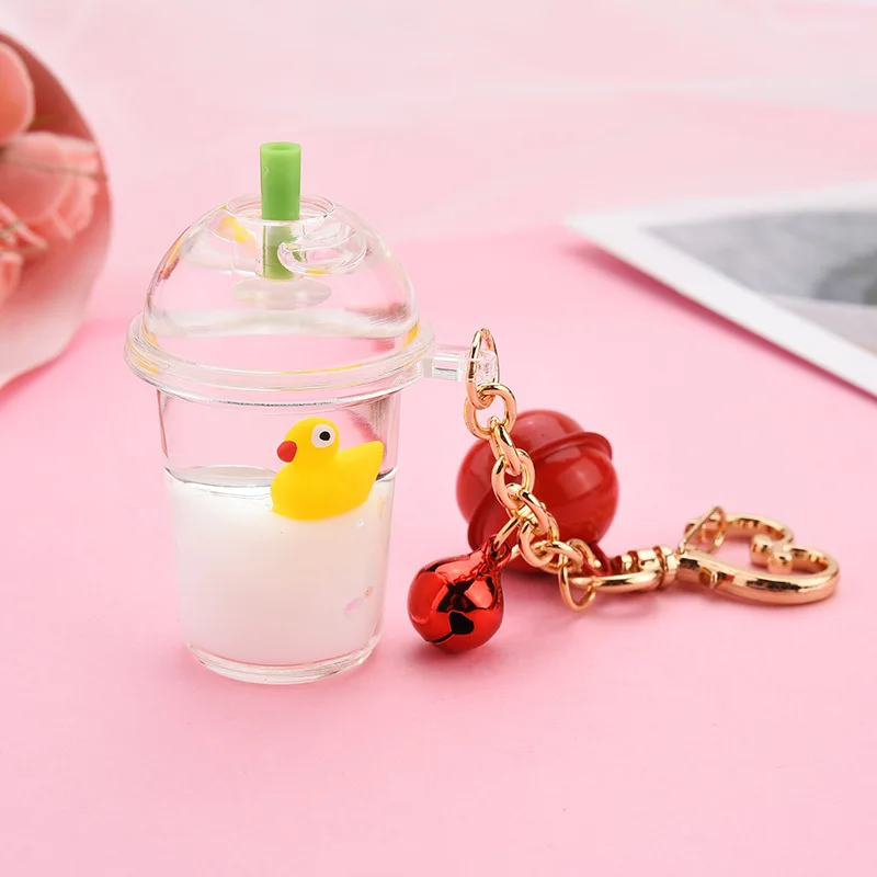 Acrylic Milk Bottle Keyring Milk Tea Cup Keychain Marine Animal Liquid Floating Key Chains Charm Bag Pendant Car Key Ring