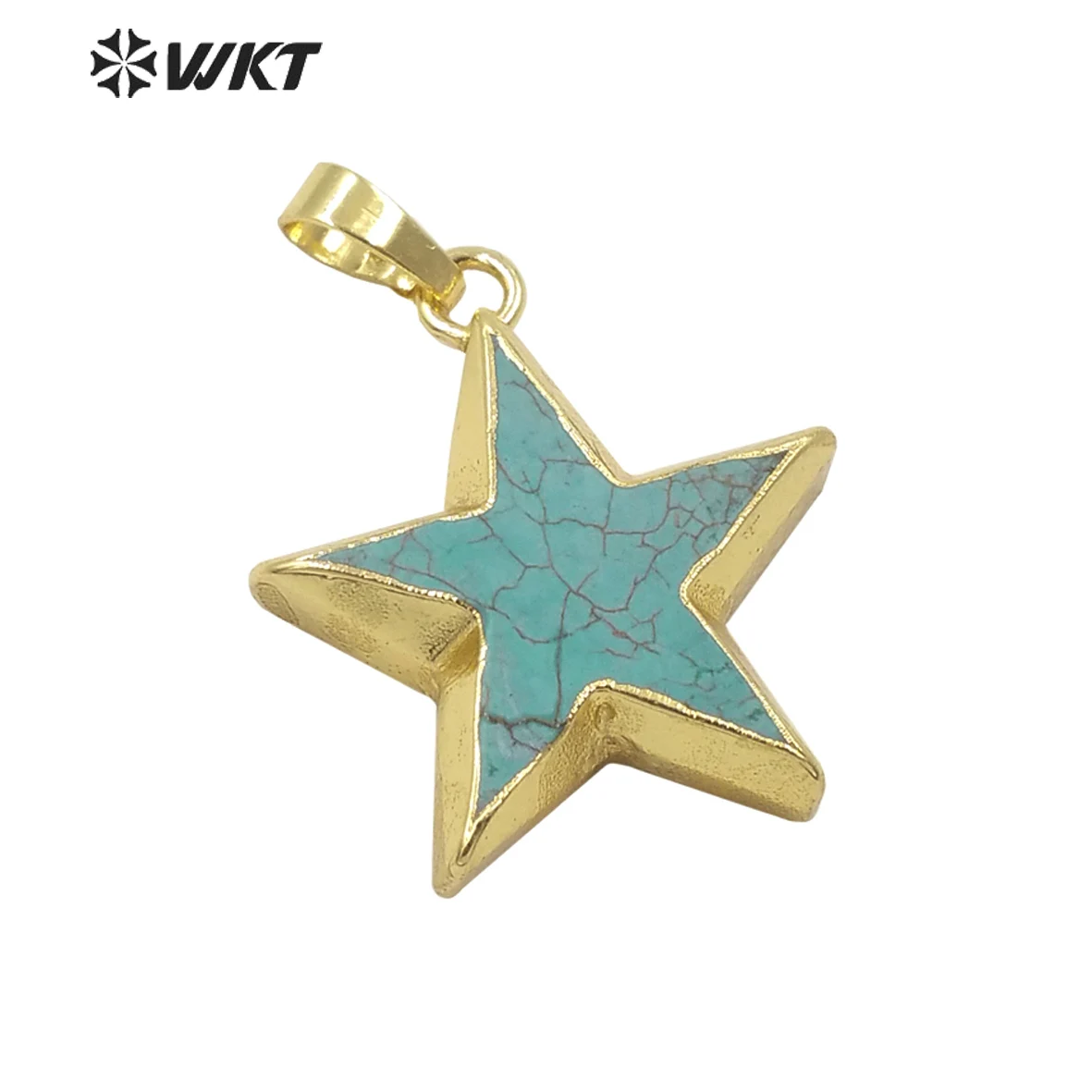 

WT-P1718 WKT Newest Design Popular Fashion Gold Trim Green Turquoises Star Pendant Flat Polish Stone Made For Necklace