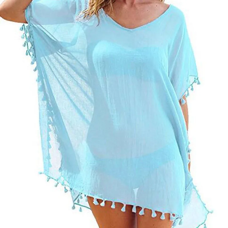 Chiffon Tassels Beach Dress Women Swim Suit Bathing Suit Cover Up Tunic Sarongs Blouses Swimwear Female Pareo Tops