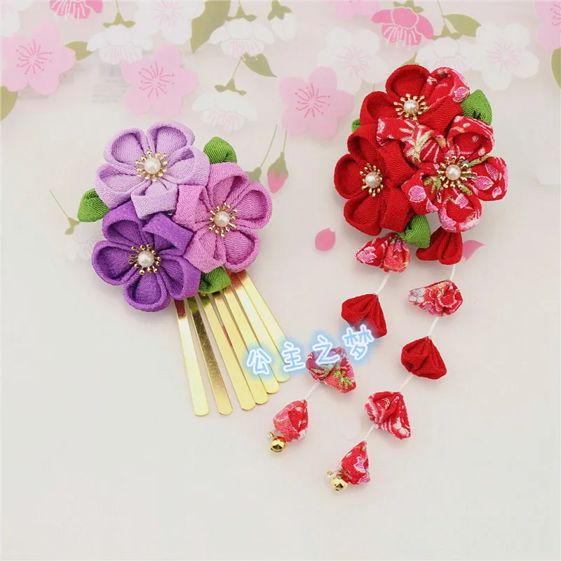 Japanese Style Sakura Crape Kanzashi Hair Ornament Wisteria Tassels Flower Red Pink Kimono Yukata Hairpin Accessory Handmade