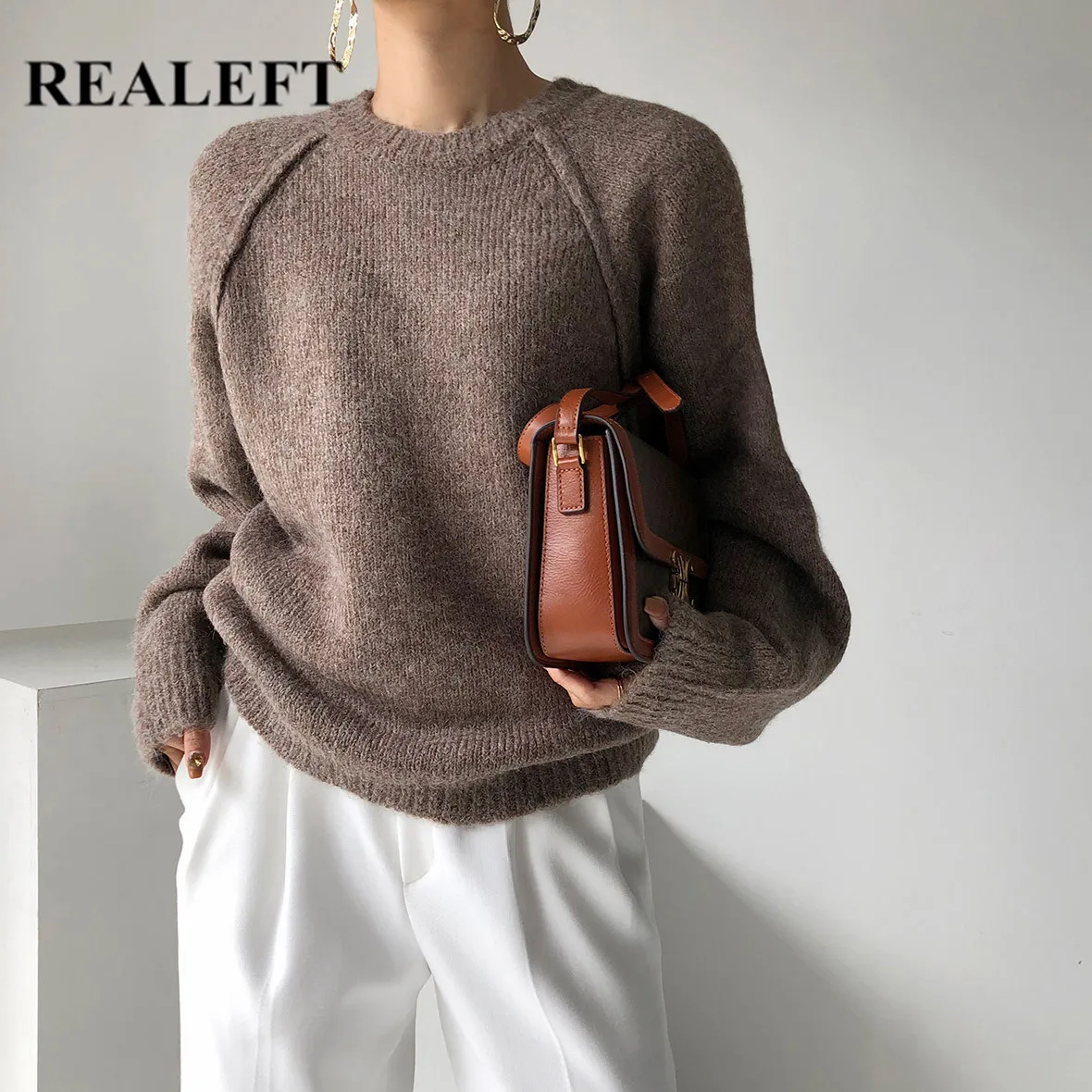 REALEFT 2021 New Autumn Winter Women's Sweaters Vintage Long Sleeve O-Neck Casual Loose Knitting Pullovers Knitwear Tops Female