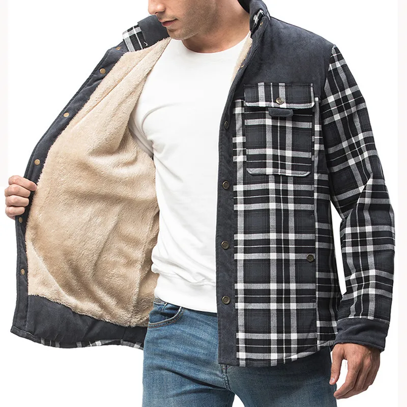 Men's Plus Fleece Shirt Cotton Corduroy Gingham Stitching Jacket Outdoor Camping Barbecue Warm Breathable Comfortable Top Winter