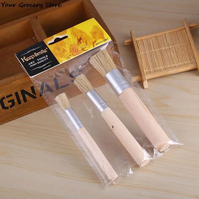 3pcs/Set Wooden Stencil Brush Chalk Paint Natural Pure Hog Bristle Brush Round Acrylic Oil Painting Detail Brushes