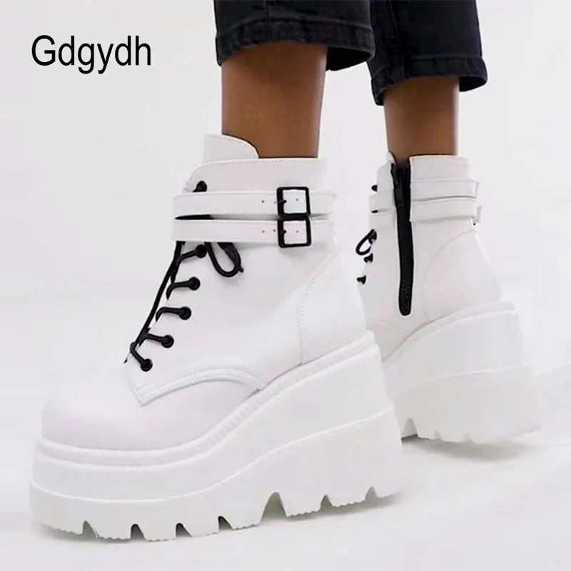 Gdgydh Fall Winter High Platform Boots Women Leather PU Wedges Ankle Boots Women Punky Style Party Goth Shoes Woman Big Size 43