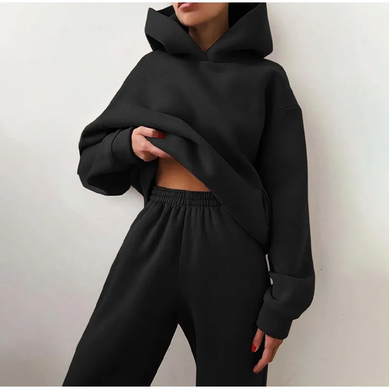 Women Tracksuit Casual Solid Long Sleeve Hooded Sport Suits Autumn Winter Warm Sweatshirts And Jogger Pants Fleece Two Piece Set