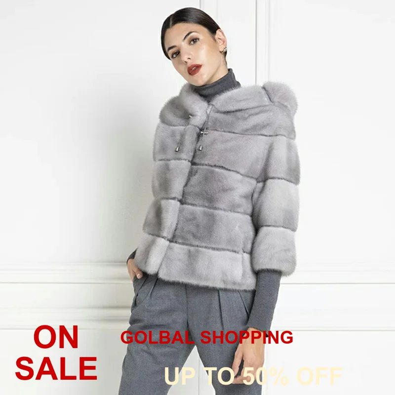 TOPFUR Imported Sapphire Blue Mink Fur Coat With Hood Light Grey Coat Winter Real Fur Coat Women Natural Mink Fur Jacket