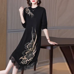 Female Black Knitted Floral Pullovers Autumn Winter Thick Warm Midi Sweater Dress 2024 Korean Elegant Loose Waist Coat Sweaters