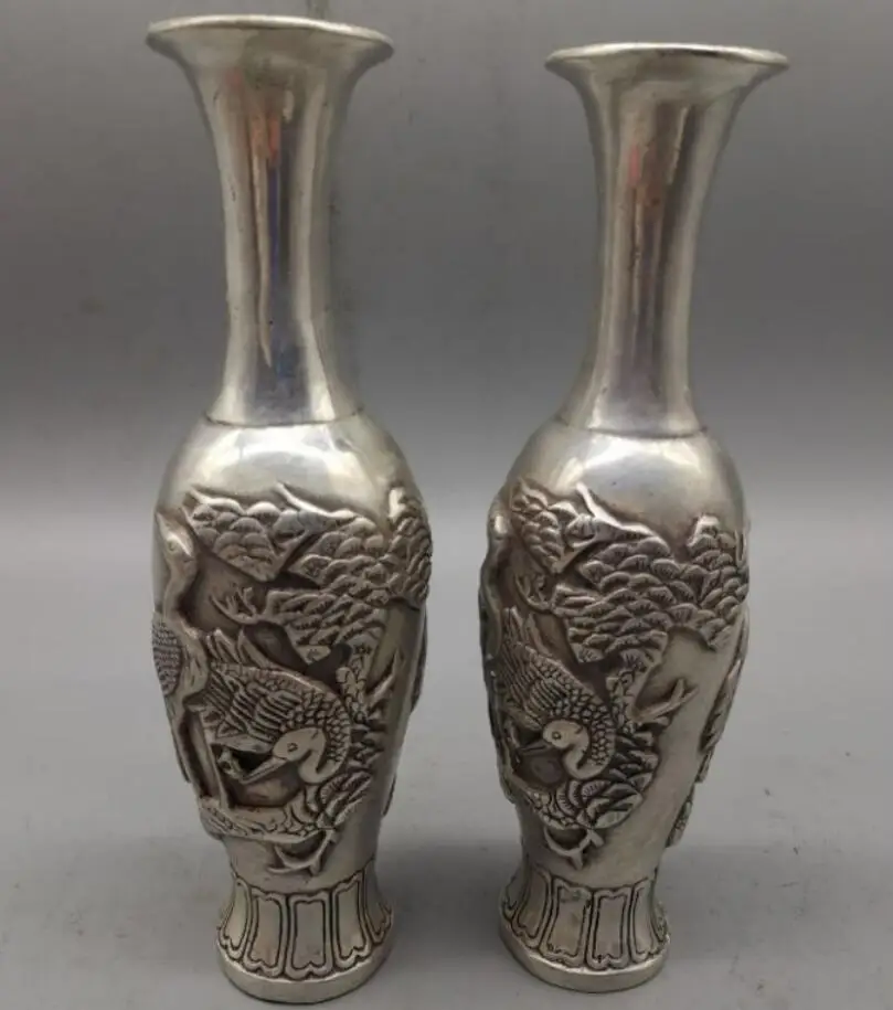 

China White copper crane vase crafts statue A pair