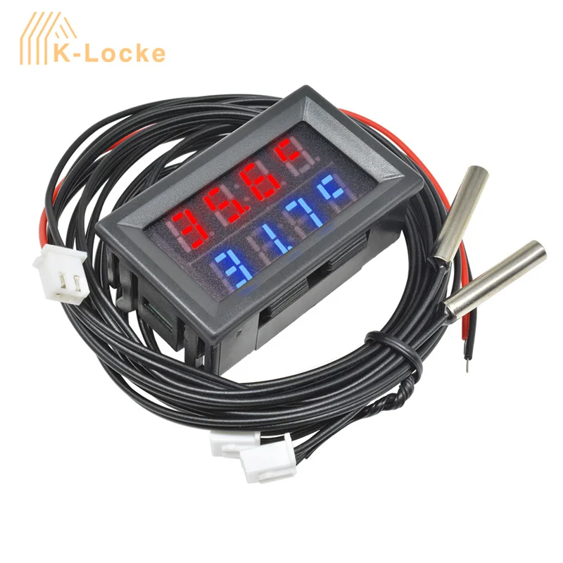 DC4-28V Dual LED Display Digital Thermometer Metal Waterproof Dual Probe Temperature Sensor Meter Detector Tester Monitor