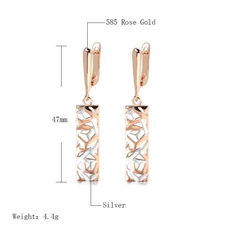 New 585 Rose White Gold Glossy Drop Earrings Irregular Hollow Long Pendant Clip Earrings Women Temperament Wedding Fine Jewelry