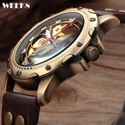 Vintage Men Automatic Mechanical Watch Bronze Case Gold Skeleton Dial Steampunk Leather Self Winding Male Mens Wristwatch Clock