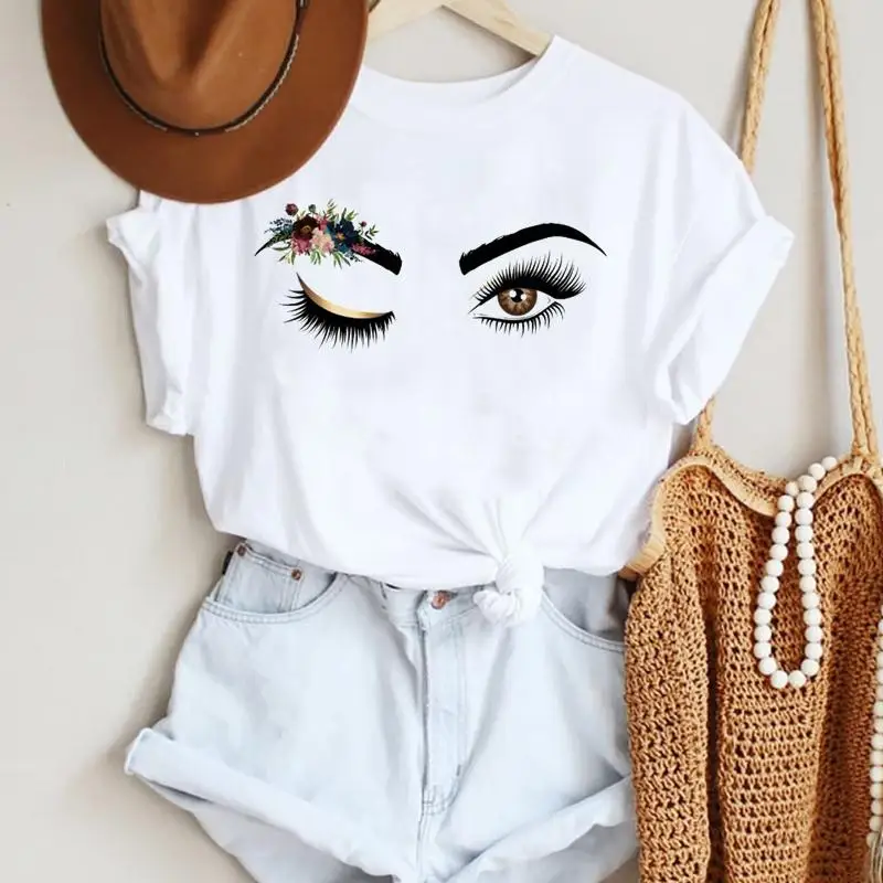 Make Up Letter Funny New Eye Eyelash Fashion Cartoon Summer Lady Print Tee Stylish T Top  Tshirts 2021 Women Clothes