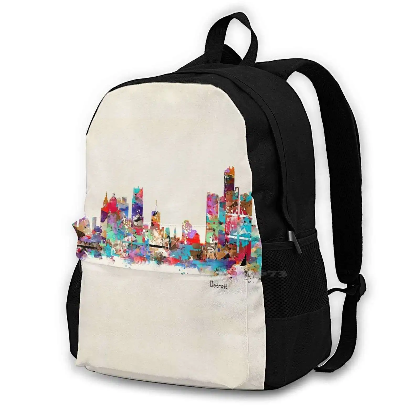 Detroit Skyline Watercolor 424D Print Design Backpack Student Bag Detroit Skyline Detroit Cityscapes Colorful Skylines