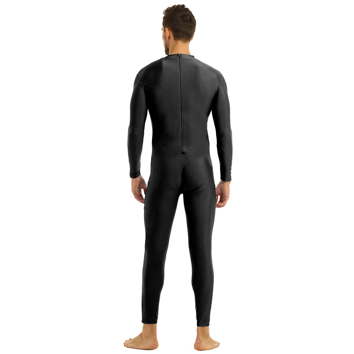 Mens Full Body Spandex Zentai Suit Black Long Sleeve Unitard Adult Zipper Back Footless Ballet Dancewear Bodysuit Costumes