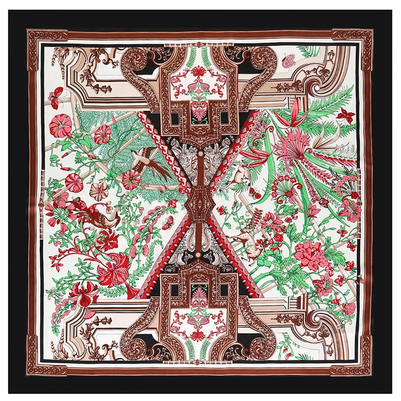 POBING Silk Scarf Women Large Shawls Palace Floral Print Square Bandana Luxury Kerchief Hijab Scarf Female Foulards 130CM