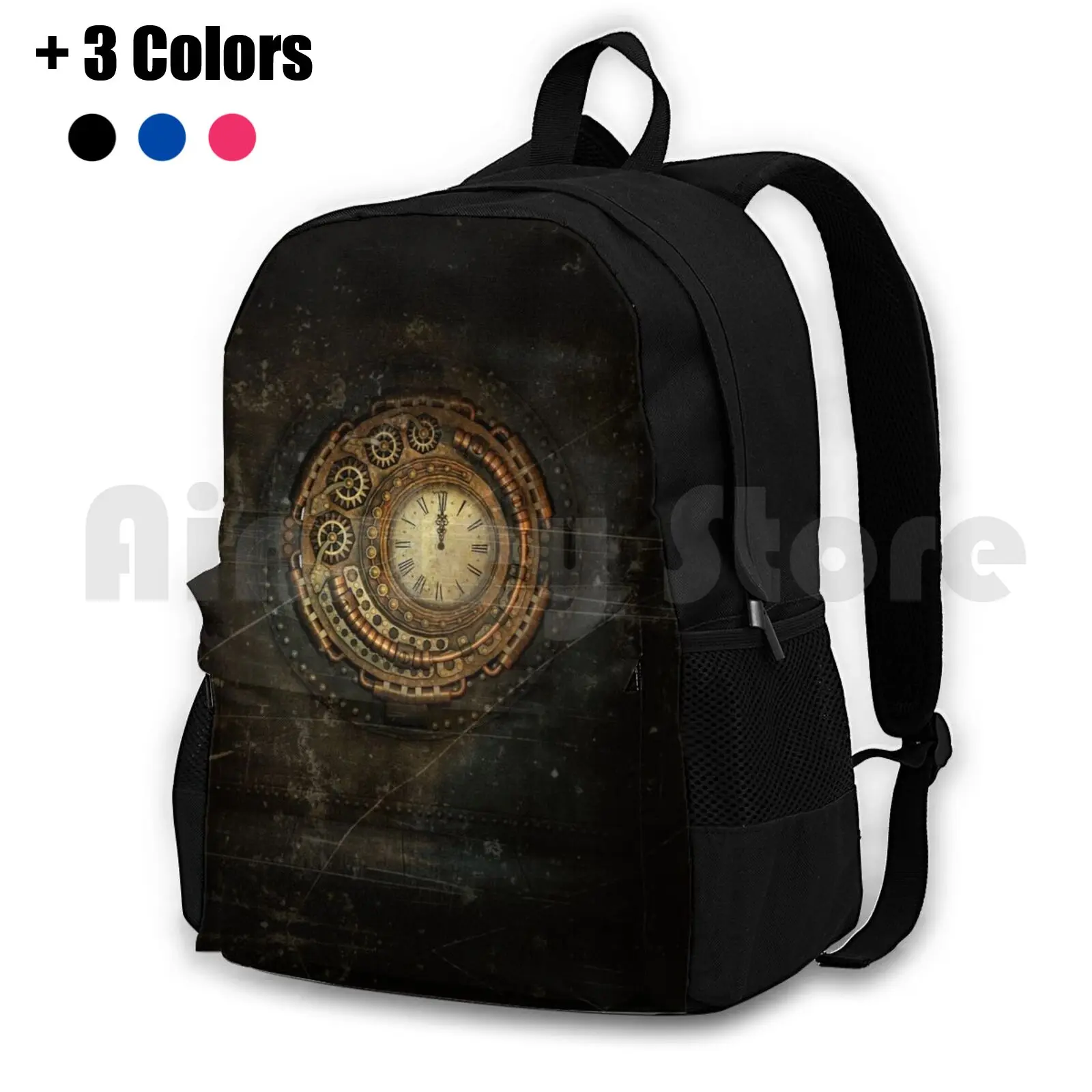 Steampunk-Grunge Distressed Golden Clock Outdoor Hiking Backpack Waterproof Camping Travel Steampunk Machine Machines