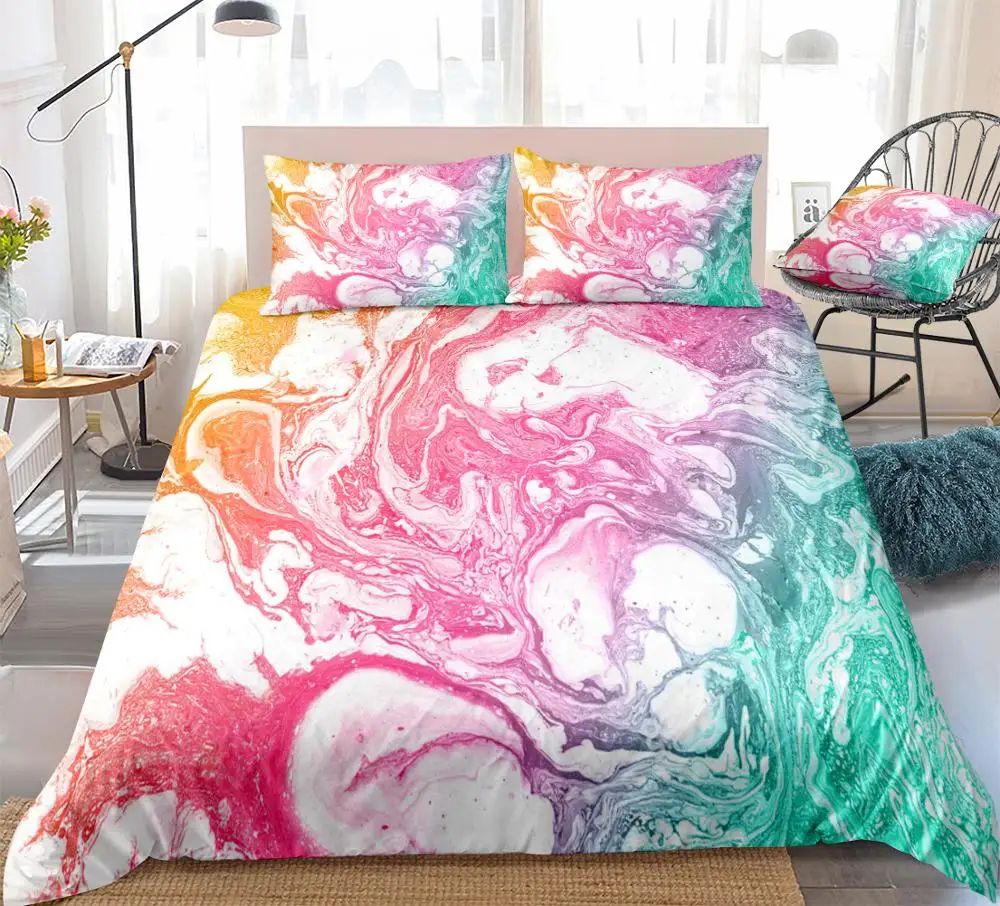 Colorful Marble Bedding Set Yellow Red Green Quicksand Duvet Cover Set Abstract Marble Bed Set Bright Girl 3PCS Queen Dropship