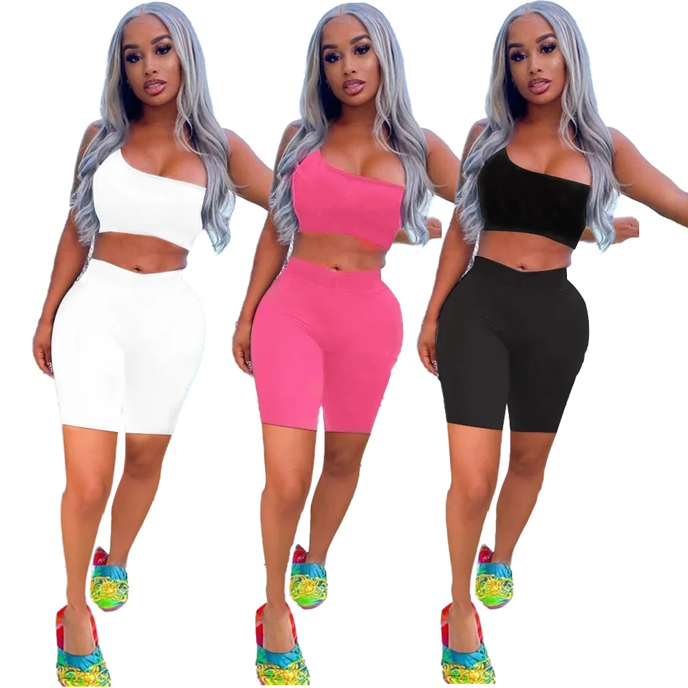 

Women Casual Sporty Two Piece Set Solid Tracksuit One Shoulder Sleeveless Crop Top Skinny Shorts Summer Jogging Workout Suit