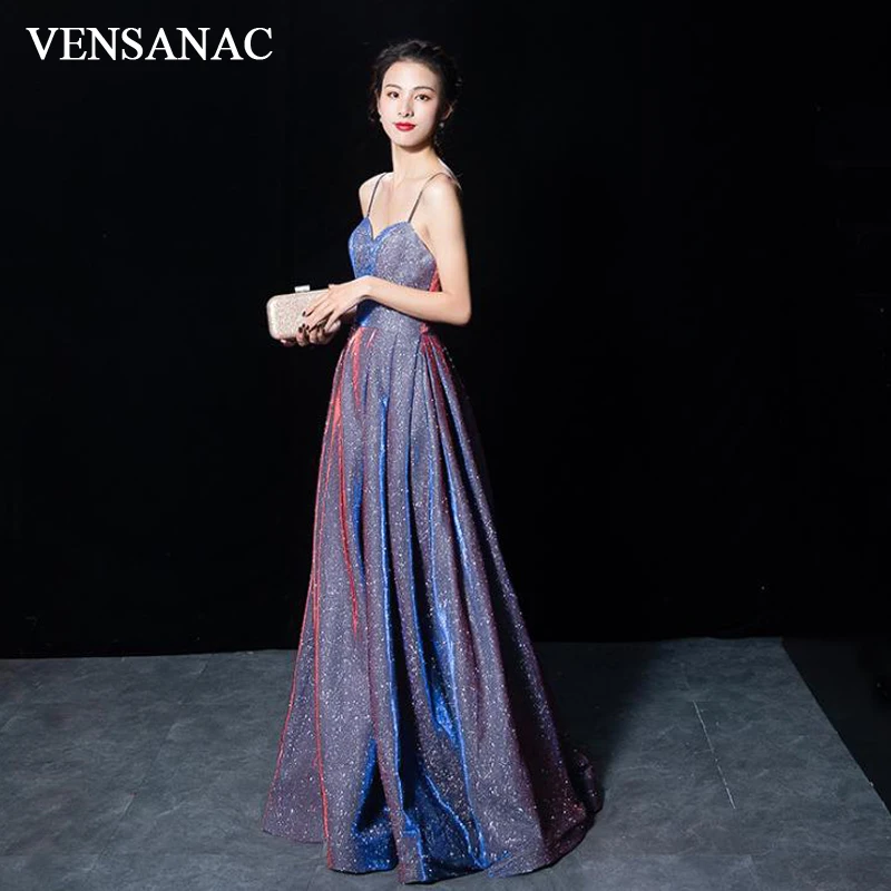 

VENSANAC Sweetheart Sequined A Line Long Evening Dresses Spaghetti Straps Backless Party Prom Gowns