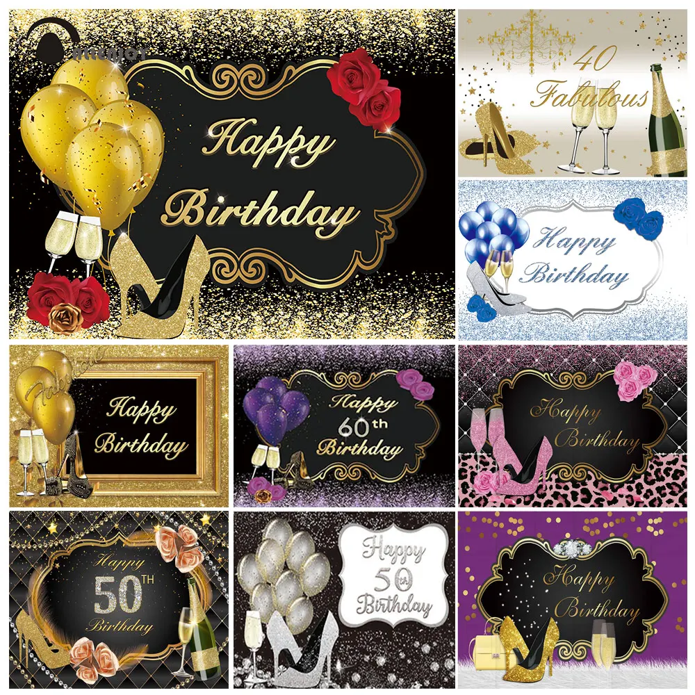 Allenjoy-Fondo de cumpleaños feliz y fabuloso para mujer, banderines personalizados con globos dorados, rosas y tacones altos